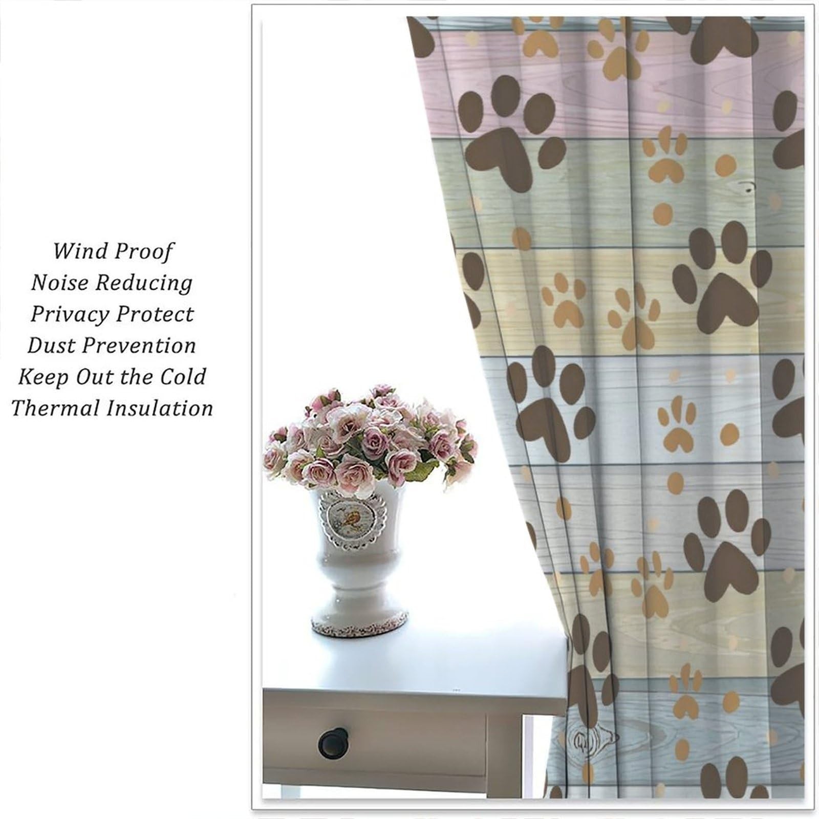 Dog Paw Curtains Rustic Colorful Wood Board Cute Puppy Paws Printed Window Dr…