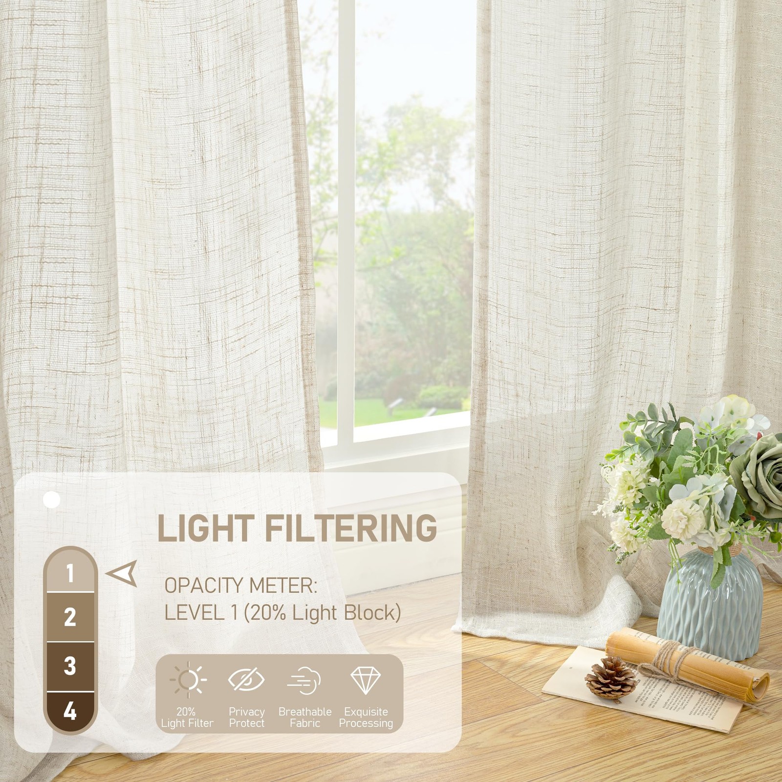 Semi-Sheer Linen Curtains, Light Filtering, Tab Back & Rod Pocket, Neutral