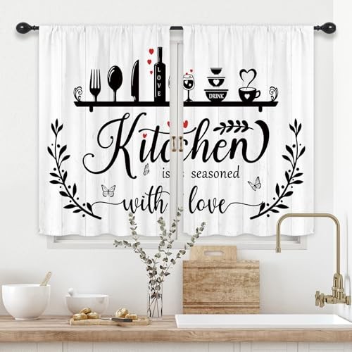 Black White Rustic Kitchen Curtains Short 27.5″W x 39″L (Pack of 2) A-white