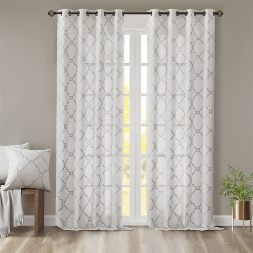 KA Fretwork Print Grommet Top Window Curtain Panel(Only 1 Pc Panel)Ivory+Grey