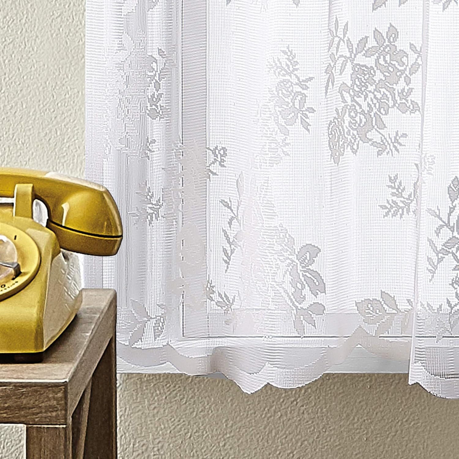Sibella Lace Kitchen Curtain Window, Rod Pocket, 14 in Valance, White