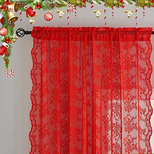 Christmas Curtains for Kitchen Window 45 Inch 52″W x 45″L (Pack of 2) Red
