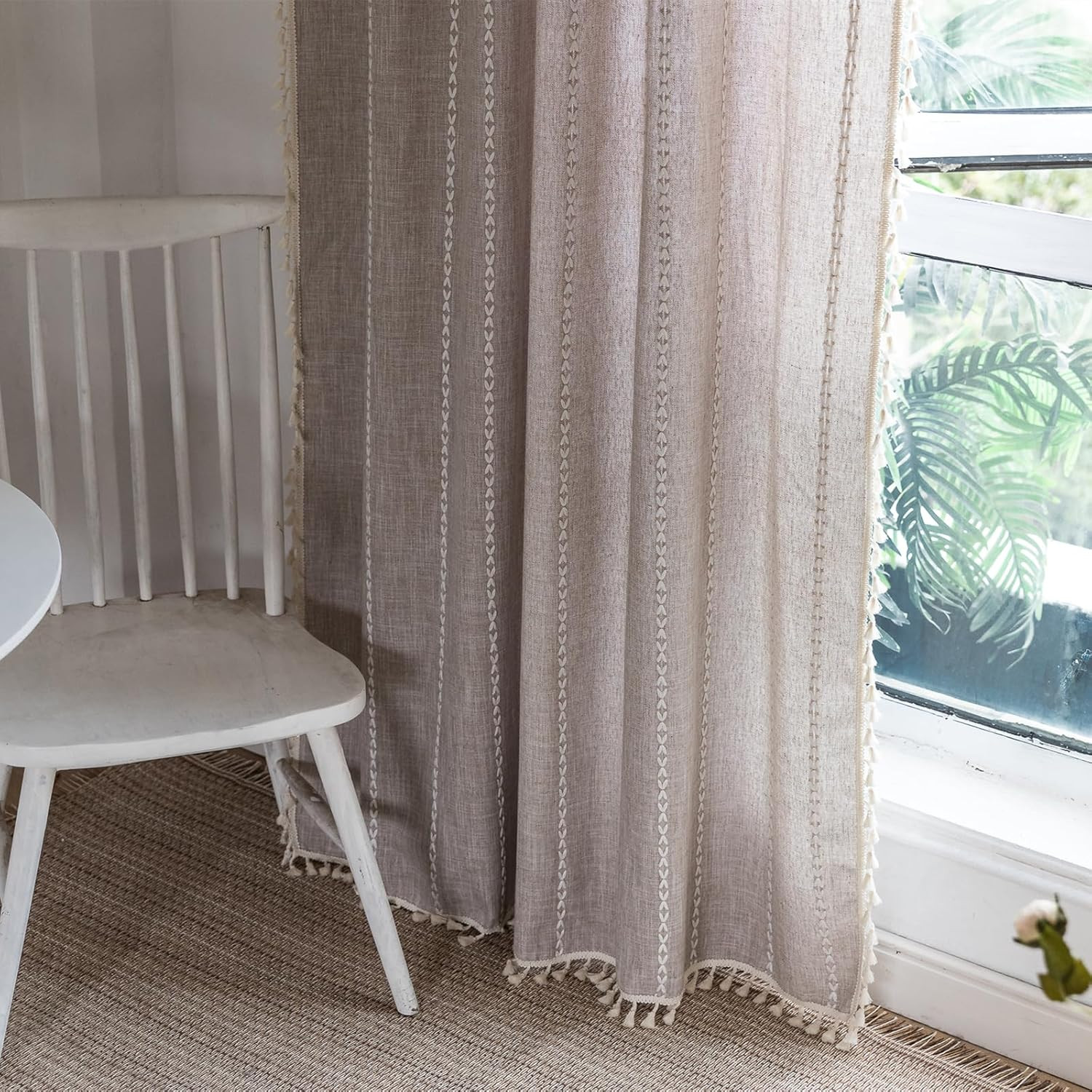 Boho Farmhouse Curtains 96″ Tan Rustic Cotton Polyester Tassel Draperies