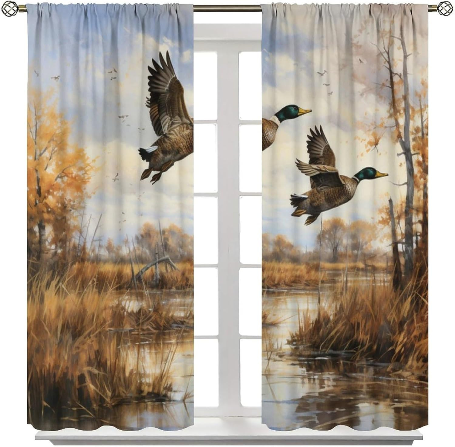 Vintage Mallard Duck Curtains for Bedroom,Country Nature Rustic Oil Painting Fal