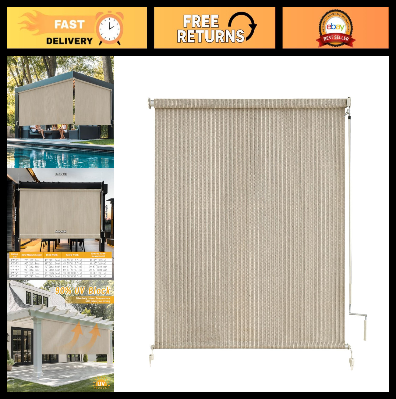 Outdoor Patio Roller Shades – Cordless Blinds for Porch, Gazebo, Balcony, 48″x72