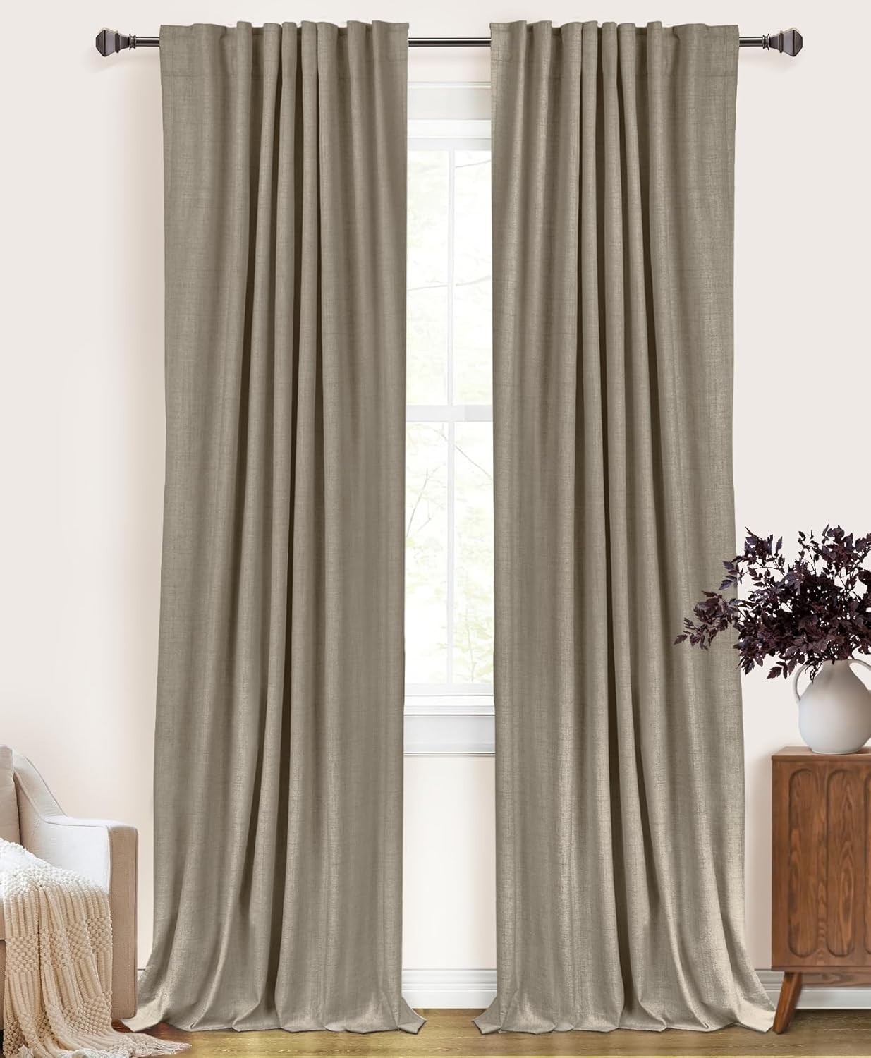 100% Blackout Shield Linen Blackout Curtains for Bedroom 120 Inches Long, Back T