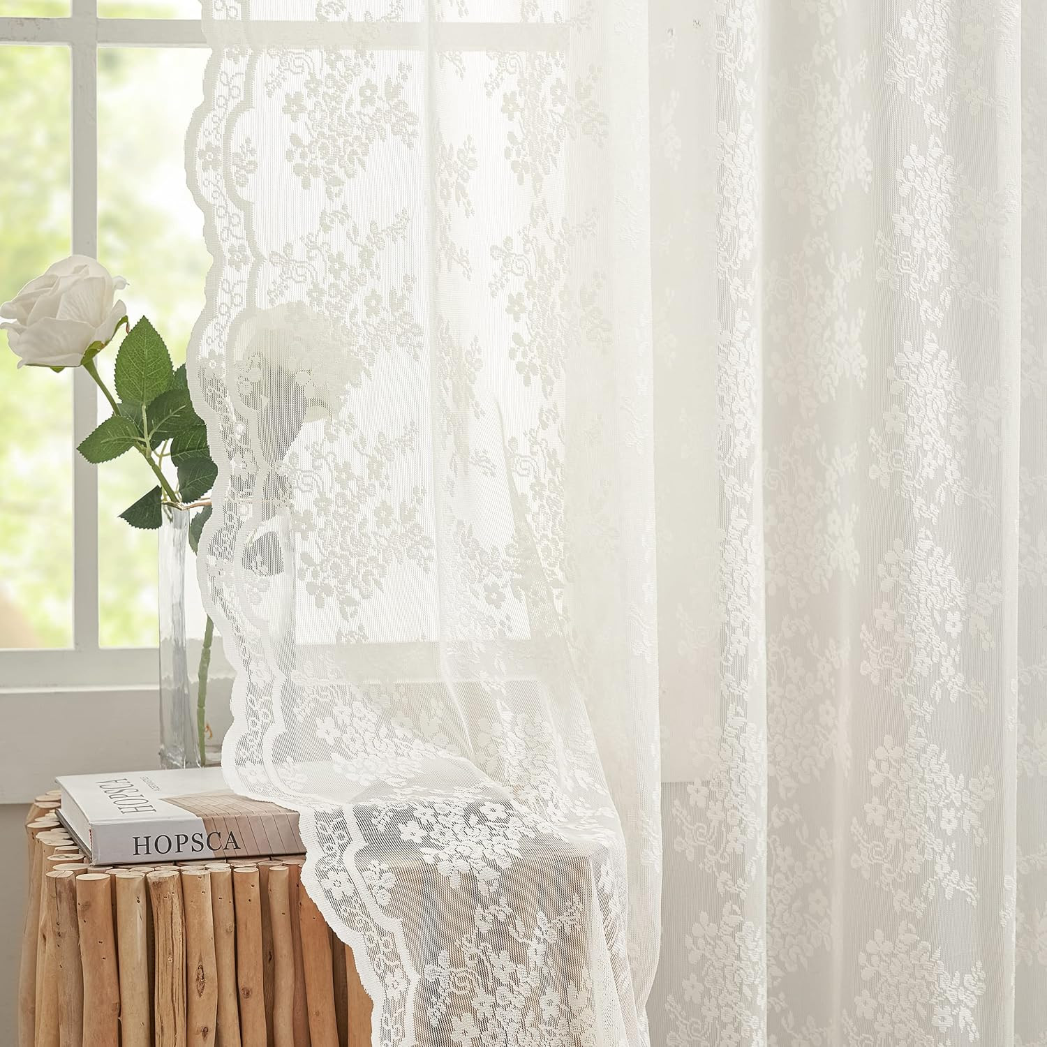 YJ YANJUN Sheer Lace Curtains for Bedroom Ivory Elegant Victorian Curtains Scall