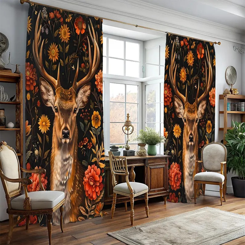 Autumn Deer Window Dark Floral Window Curtains