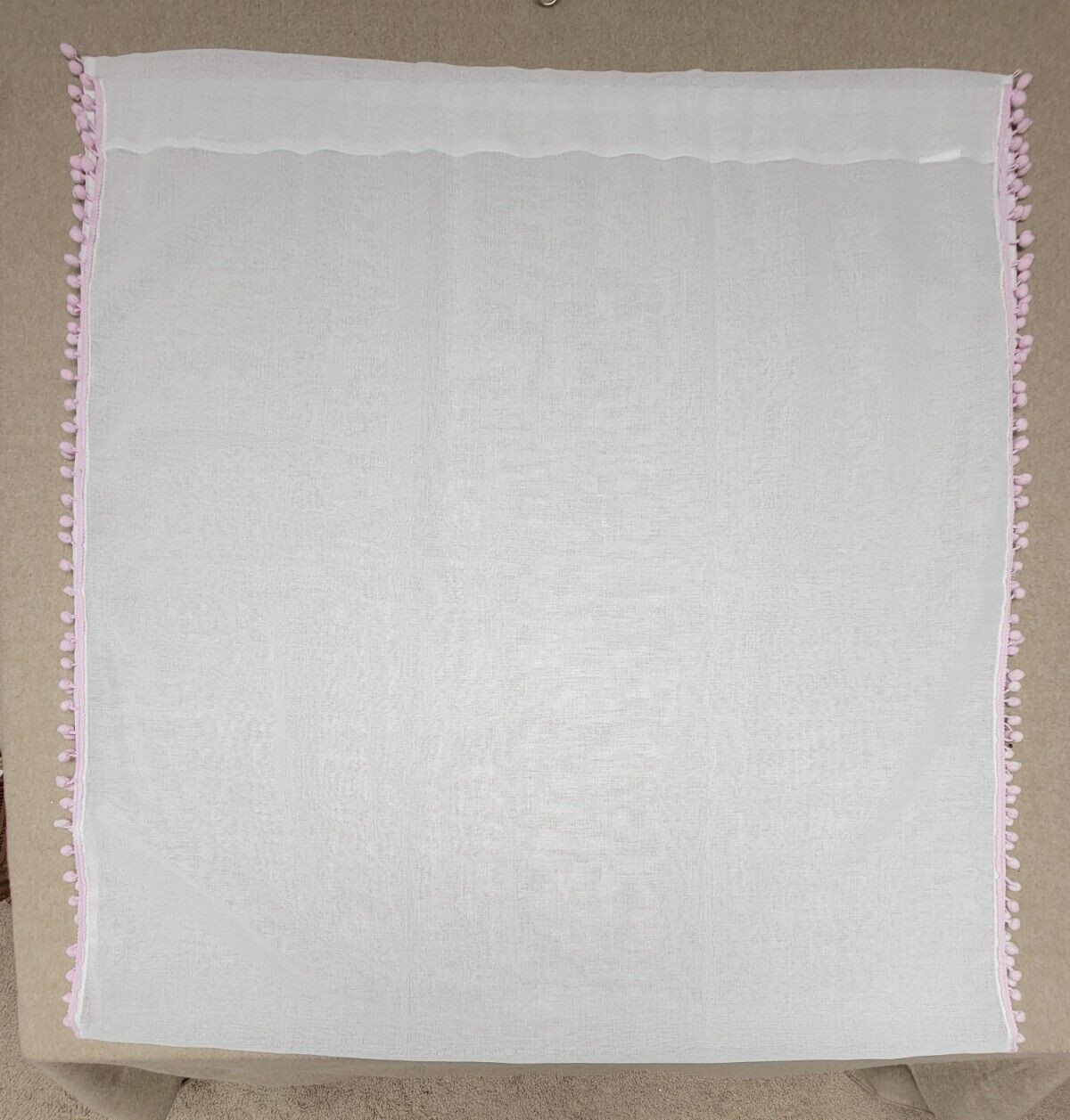 CURTAINS White Semi Sheer 40X84 Inches Pink Pom-Pom Trim 3″ Rod Pocket Set of 2