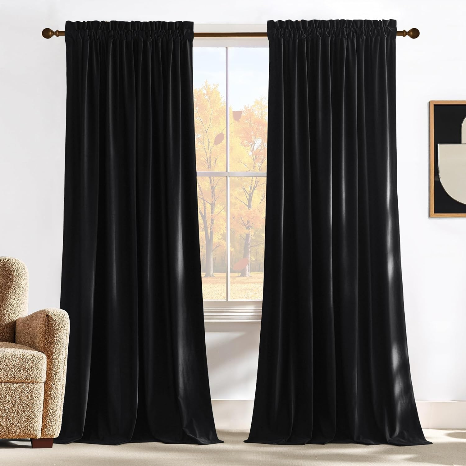 Luxury Black Out Velvet Curtains 98″ Long, 2 Panels for Bedroom & Living Room