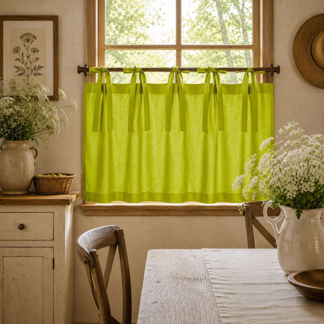 Lime Green Tie Top Linen Curtain Panel | Farmhouse Window Drapes Custom Size