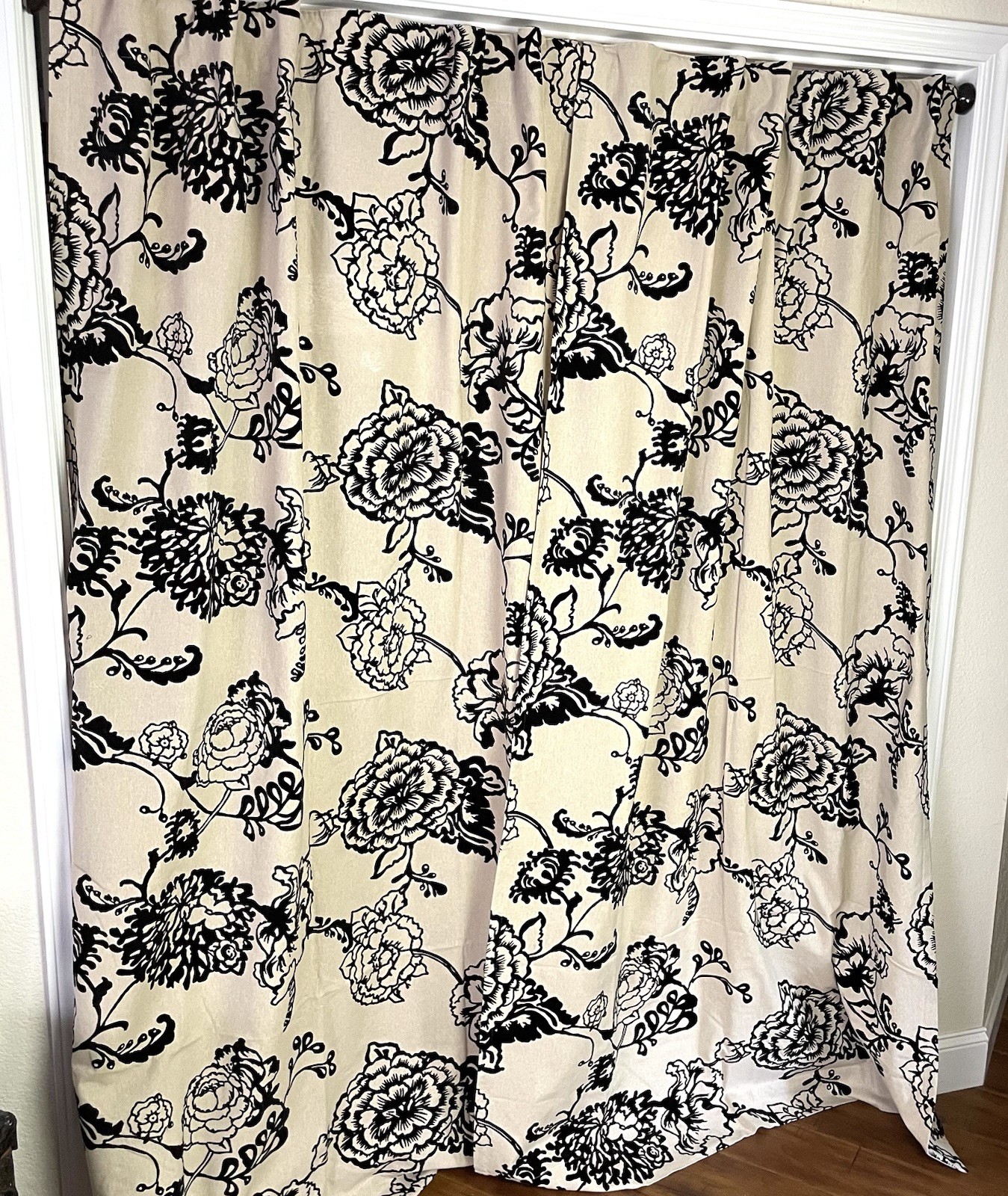 2 World Market Flocked Floral Curtain Panels 48″x84″ Beige Black Canvas Tab Boho