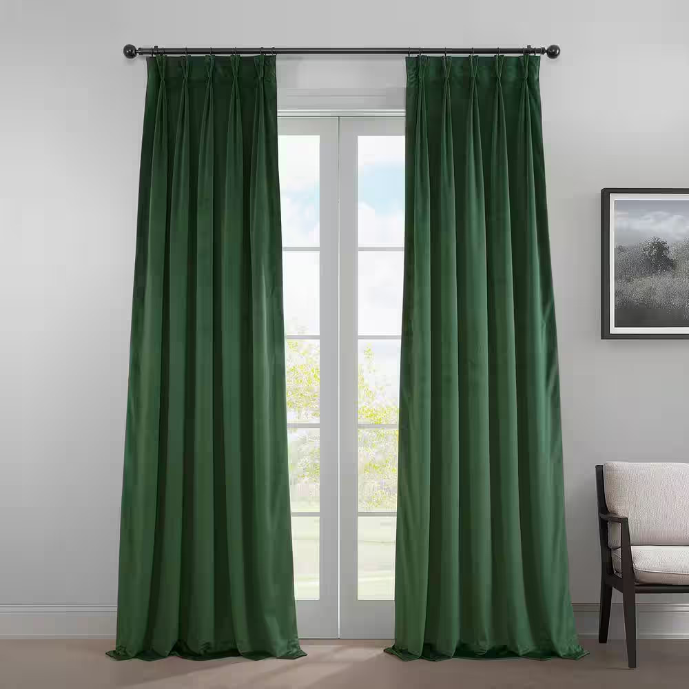Eden Green Pleated Curtains Heritage Plush Velvet 25 In. W X 84 In. L Velvet Roo