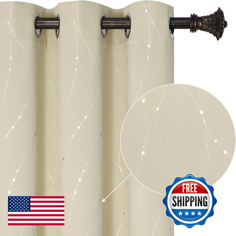 Buhua Blackout Curtains Silver Foil Print Wave Lines And Dots Grommet Drapes
