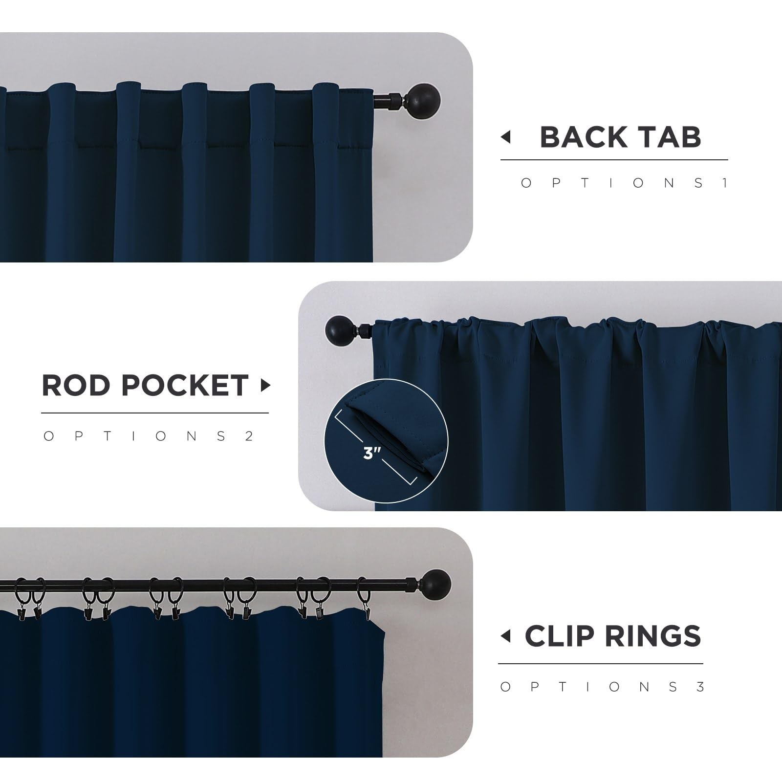 Cucraf Navy Blue Blackout Curtains 90 Inches Length 2 Panels Set Rod Pocket And