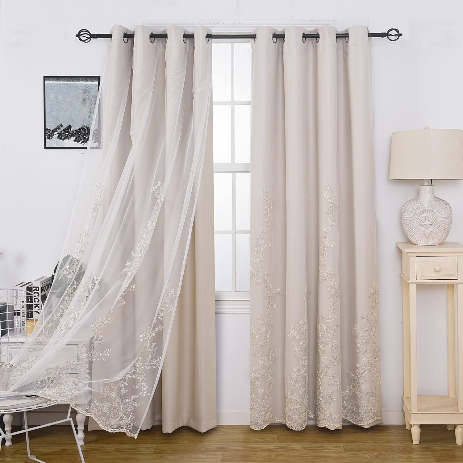 Double Layered Curtains Embroidered White Sheer Tulle Grommet Top Drapes,2Panels