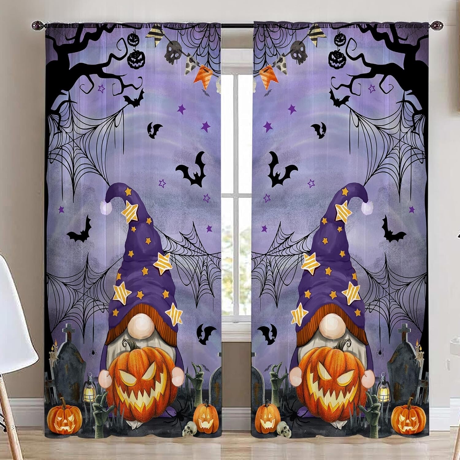 Hexagram Halloween Curtains 84 inches Long Purple Gnome Decor, Clean Window Wind