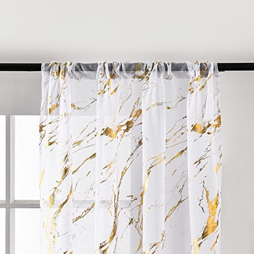 Marble White Sheer Curtains 84 Inch 52″W x 84″L (Pack of 2) Gold and White