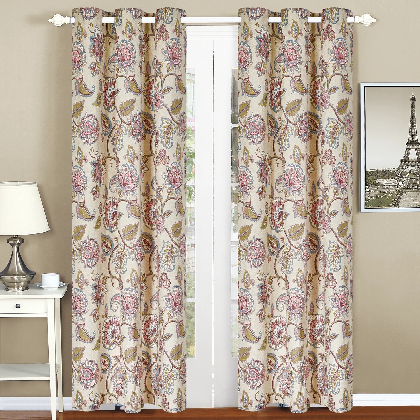 Set 2 Beige Pink Green Floral Vines Curtains Panels Drapes Pair 84 in L Grommet