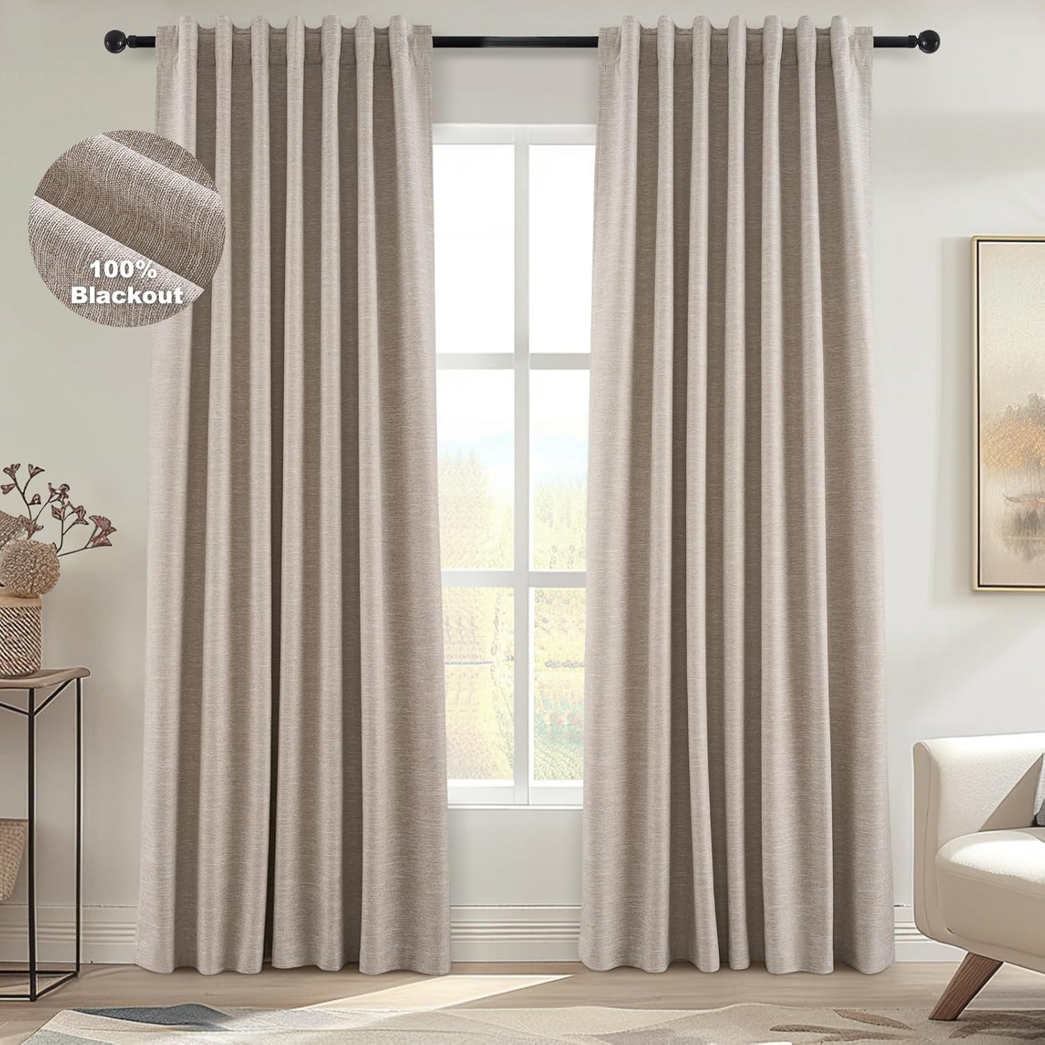Rustic 96″ Linen Curtains 2 Panel Set, Room Darkening Tab Top Drapes