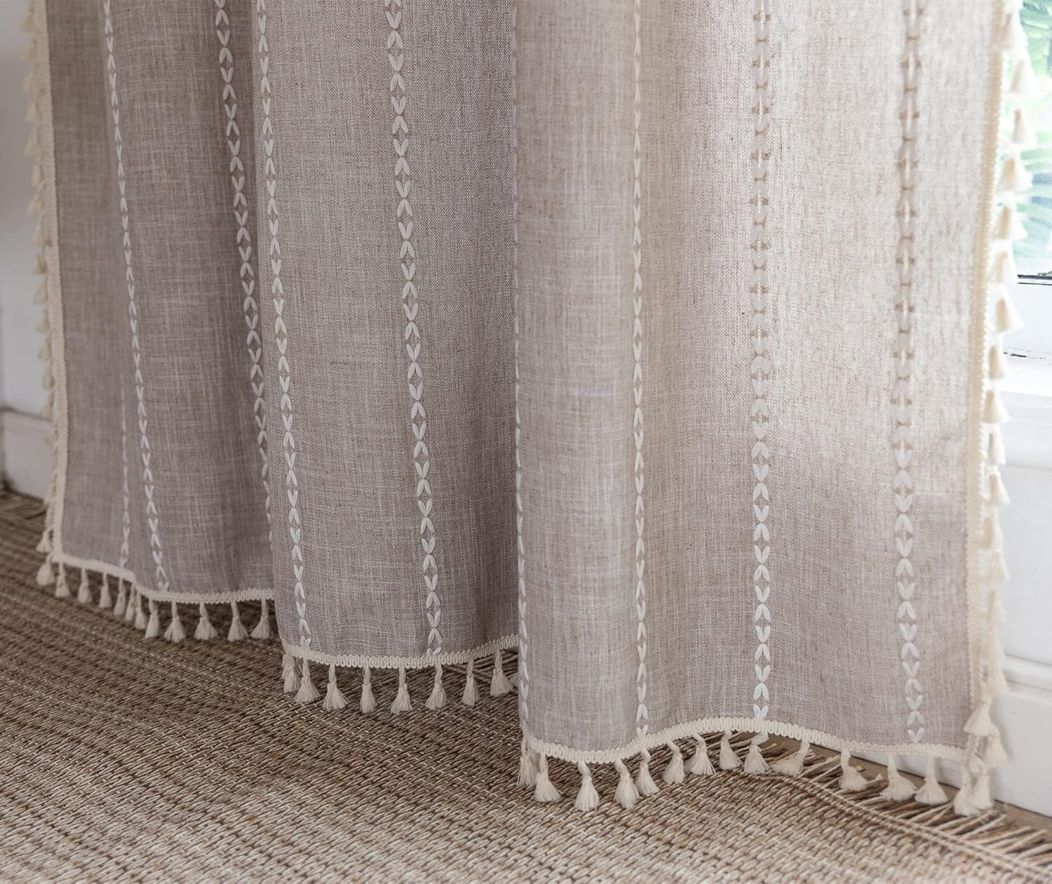 Boho Farmhouse Curtains 96″ Tan Rustic Cotton Polyester Tassel Draperies