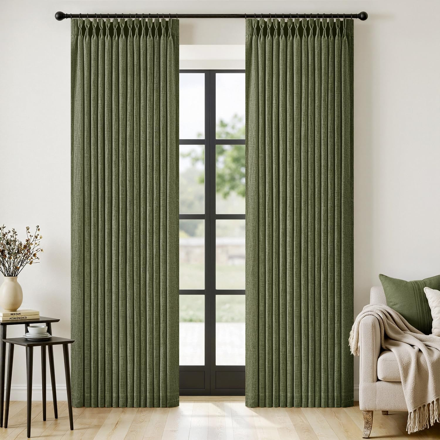 Olive Green Linen Pinch Pleated Curtains 96″ Long, 2 Panels for Any Room