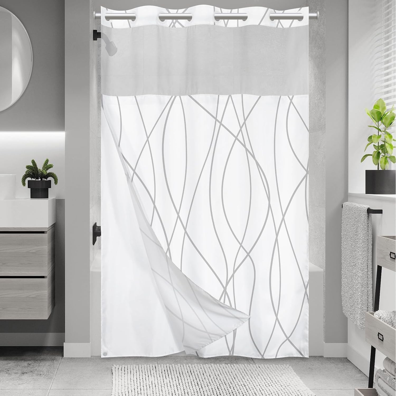 No Hook Grey White Striped Stall Shower Curtain with Snap in Liner Set – Hotel