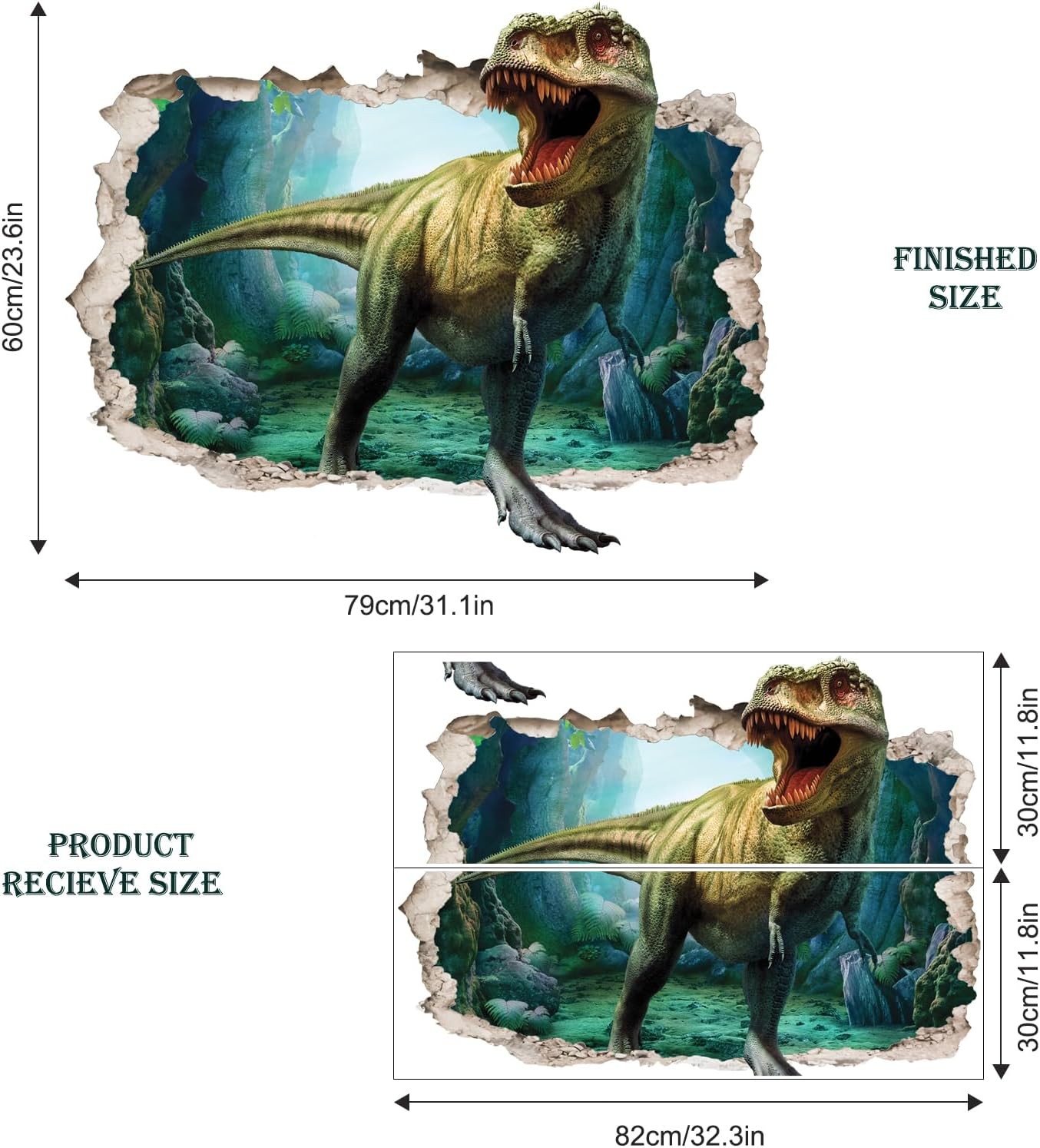 Supzone Large 3D Broken Dinosaur Wall Decals for Boys Room, Multi-colored