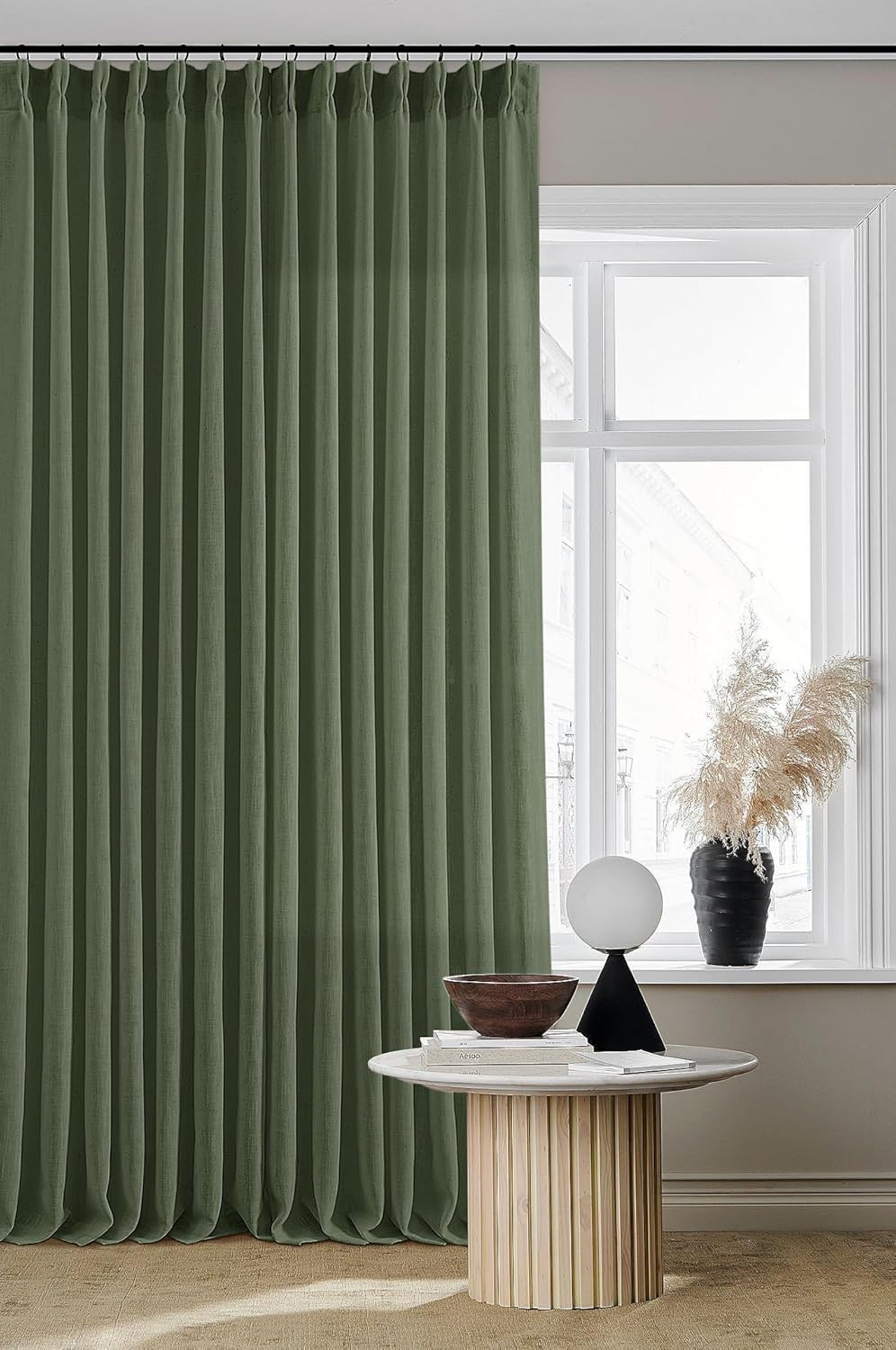 Olive Green Pleated Linen Curtains 90″ Long for Living Room & Bedroom