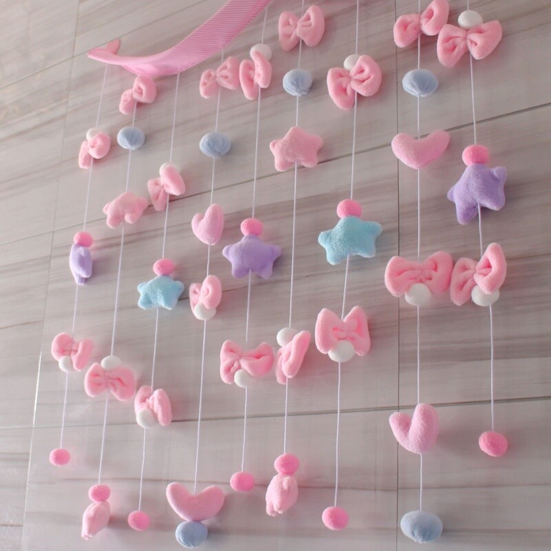 Kawaii Plush Window Door Curtain Pentagram Bow Pompom Ball Cute Home Decor