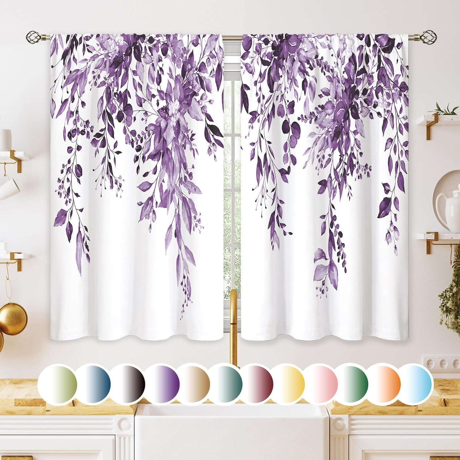Eucalyptus Botanical Leaves Purple Floral Kitchen Window Curtains Over Sink Farm