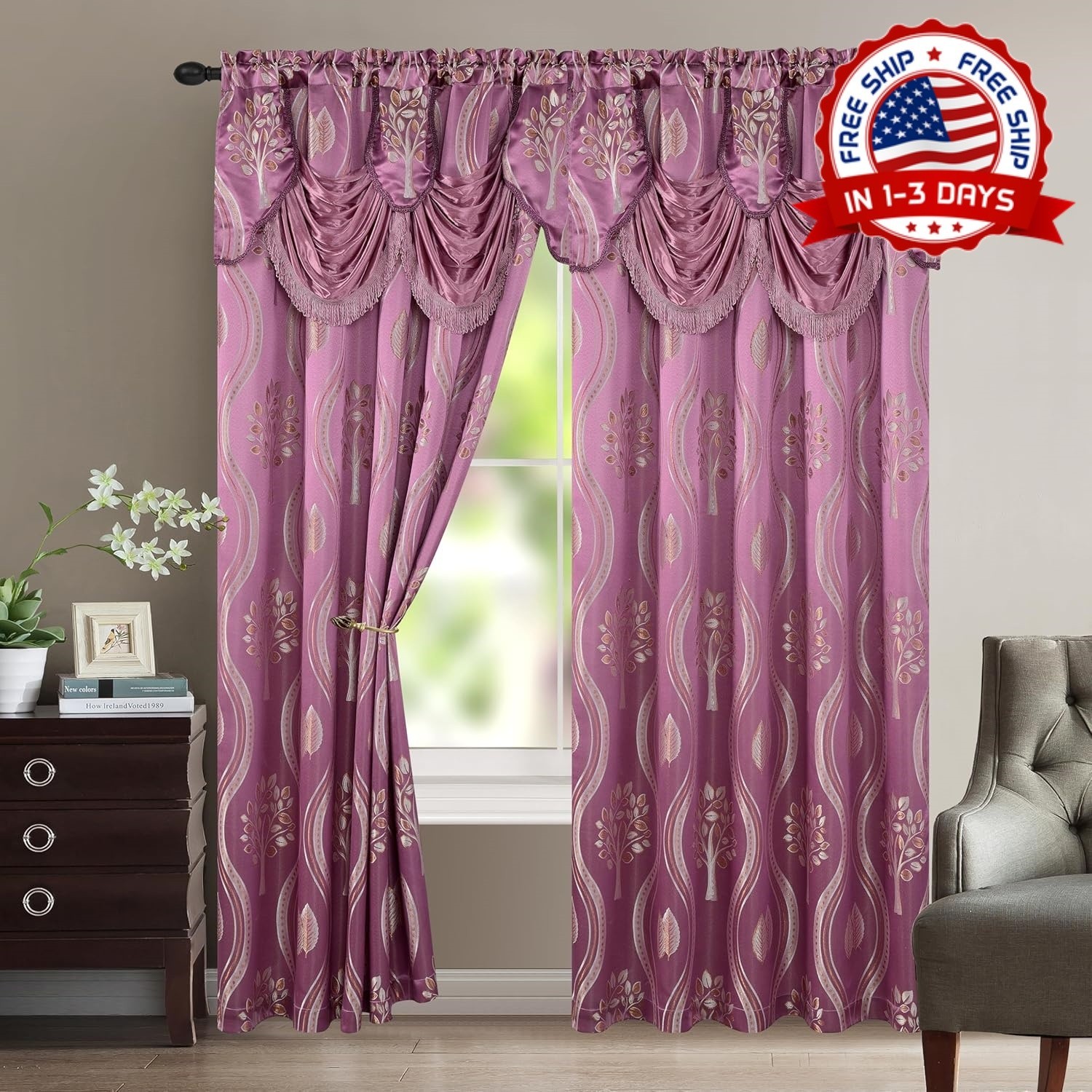 Juego De 2 Paneles De Cortina Jacquard Con Cenefa De 54×84 Pulgadas Lila 1PC