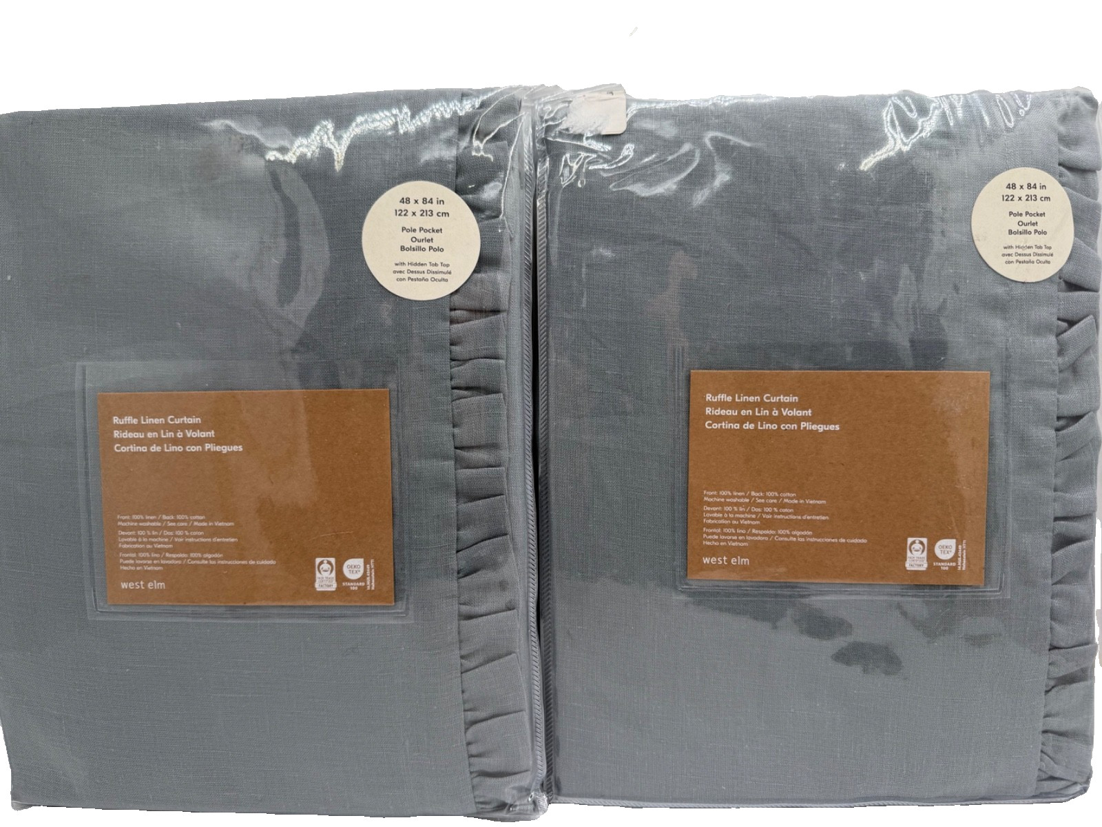 New West Elm Ruffle Linen Drapes 48″ x 84″ Set of 2~Steel Blue~ Pottery Barn