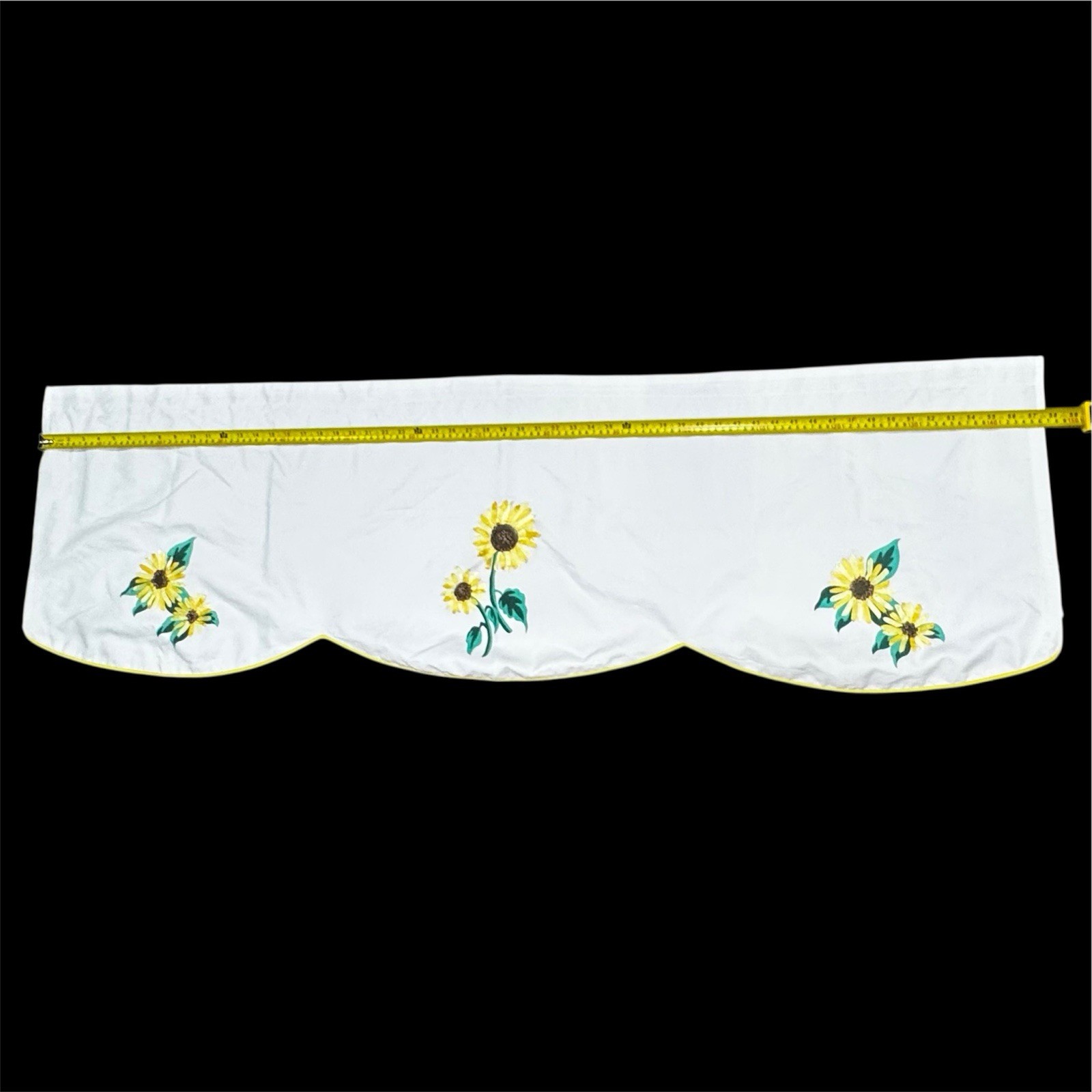 Vtg Valance Curtain White Embroidered Sunflowers Ribbon 57.5”x17.5” in EUC!
