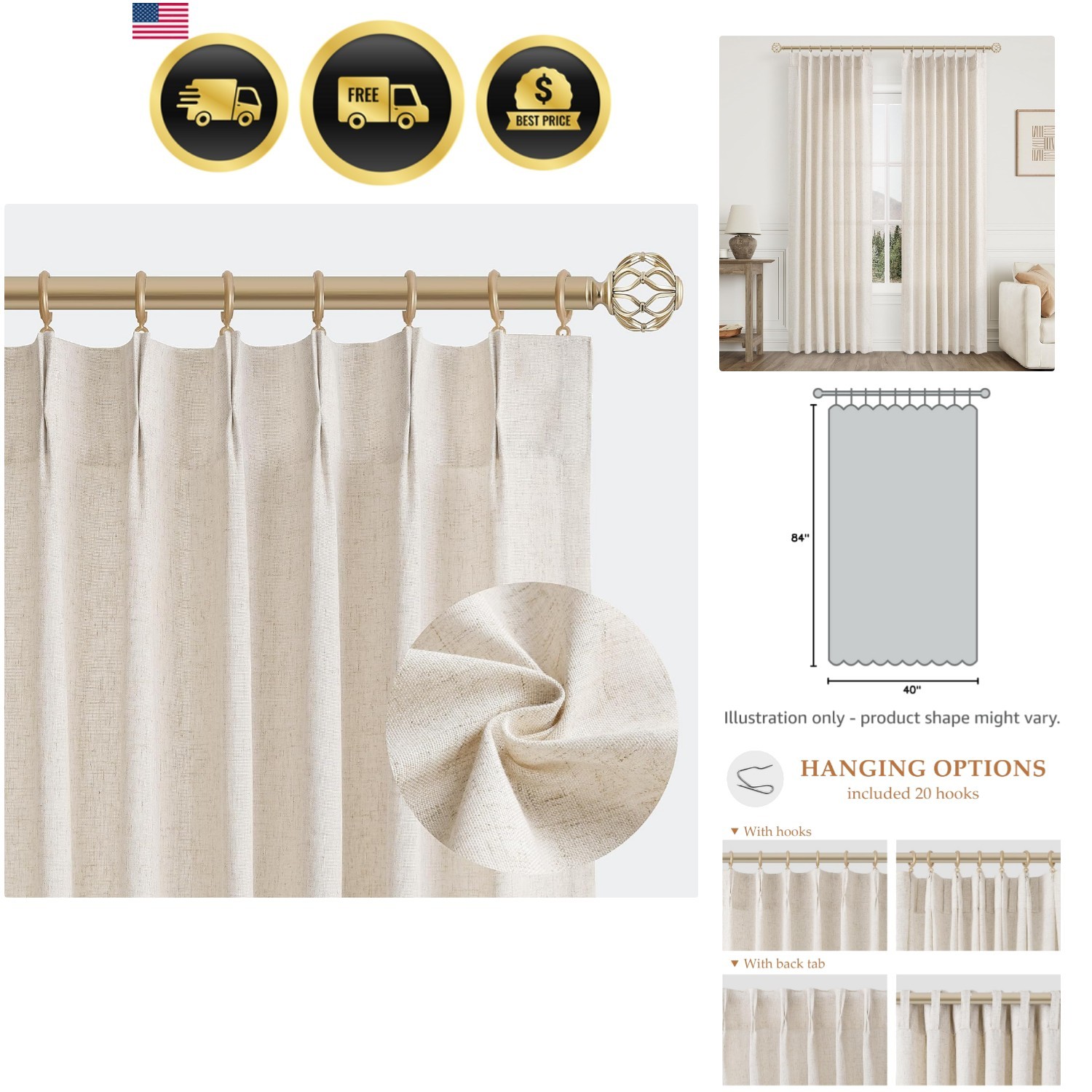 Natural Pinch Pleated Linen Curtains 84 Inch Length 2 Panels for Living Room …