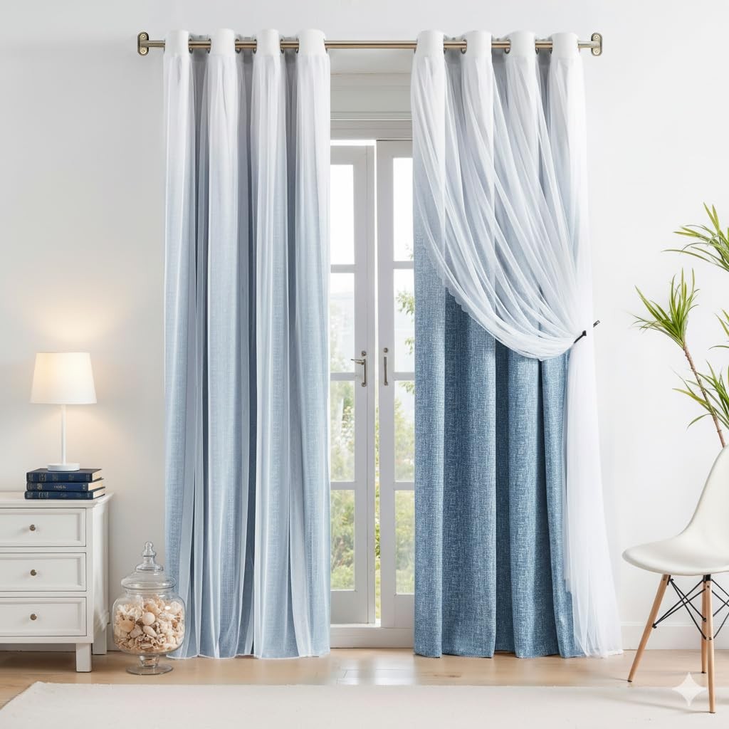 Ombre Full Blackout Curtains with Sheer Overlay Mix and Match Double Layer Dr…