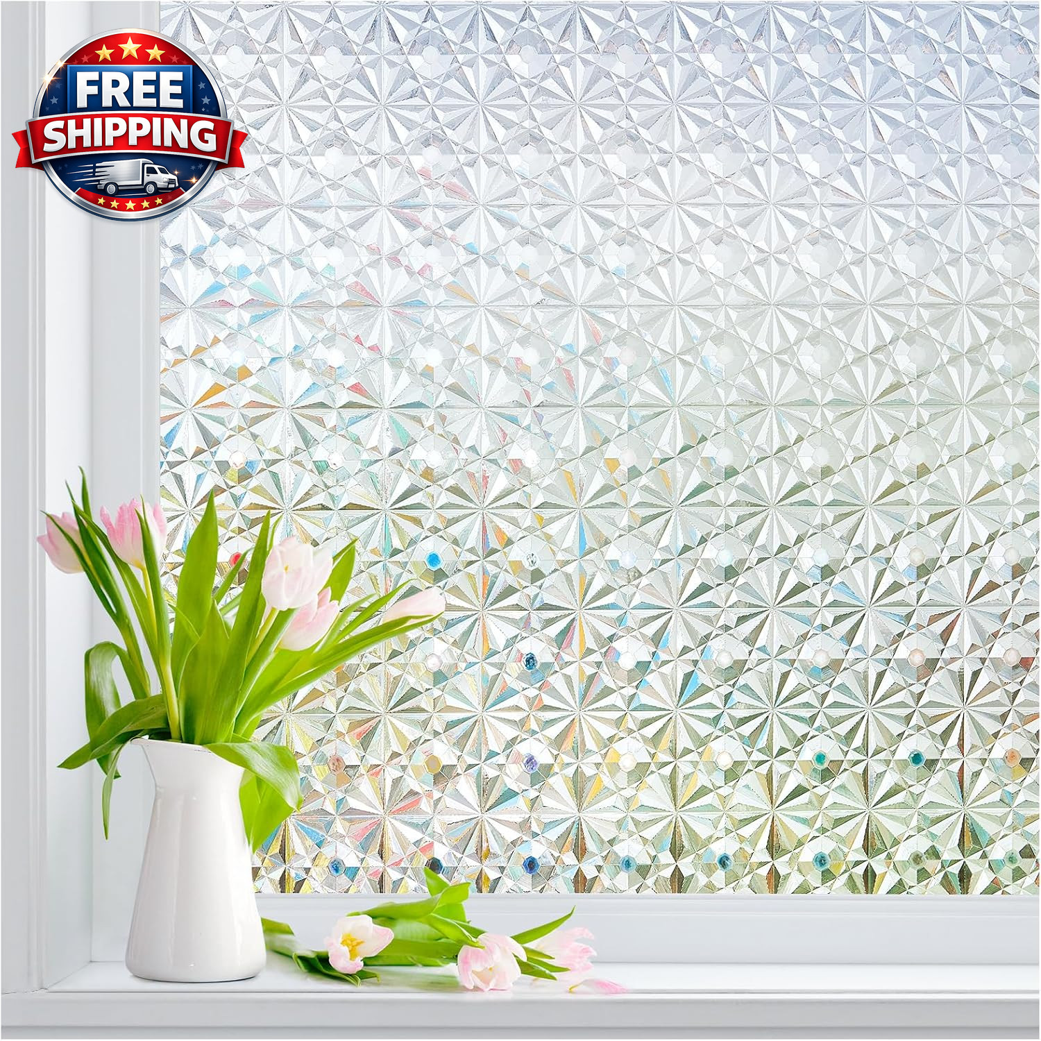 Window Privacy Film Frosted Glass Rainbow Clings: Stained Glass Bathroom Static