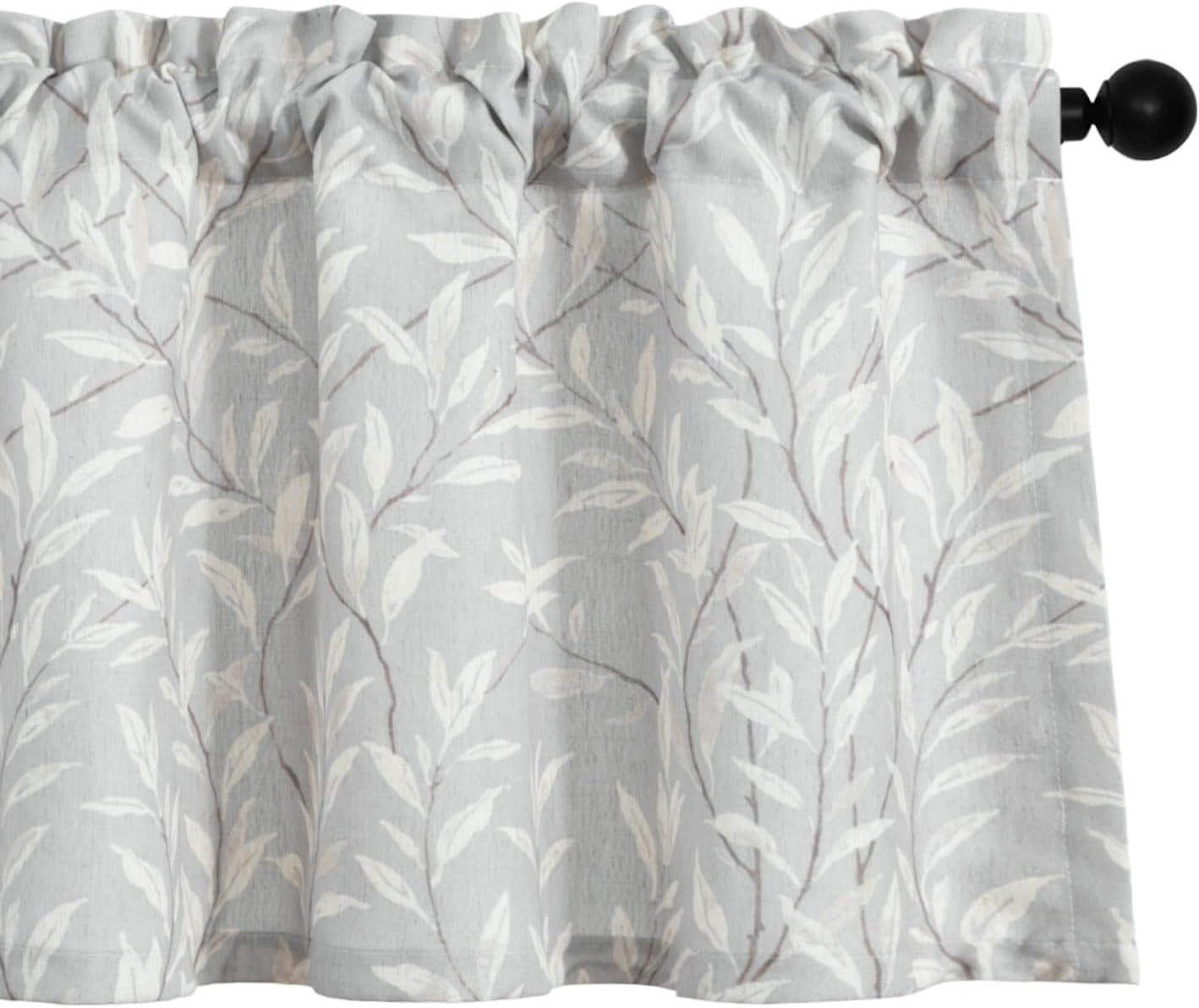 Grey Leaf Print Valance & Light Filtering Curtains Set for Home Decor