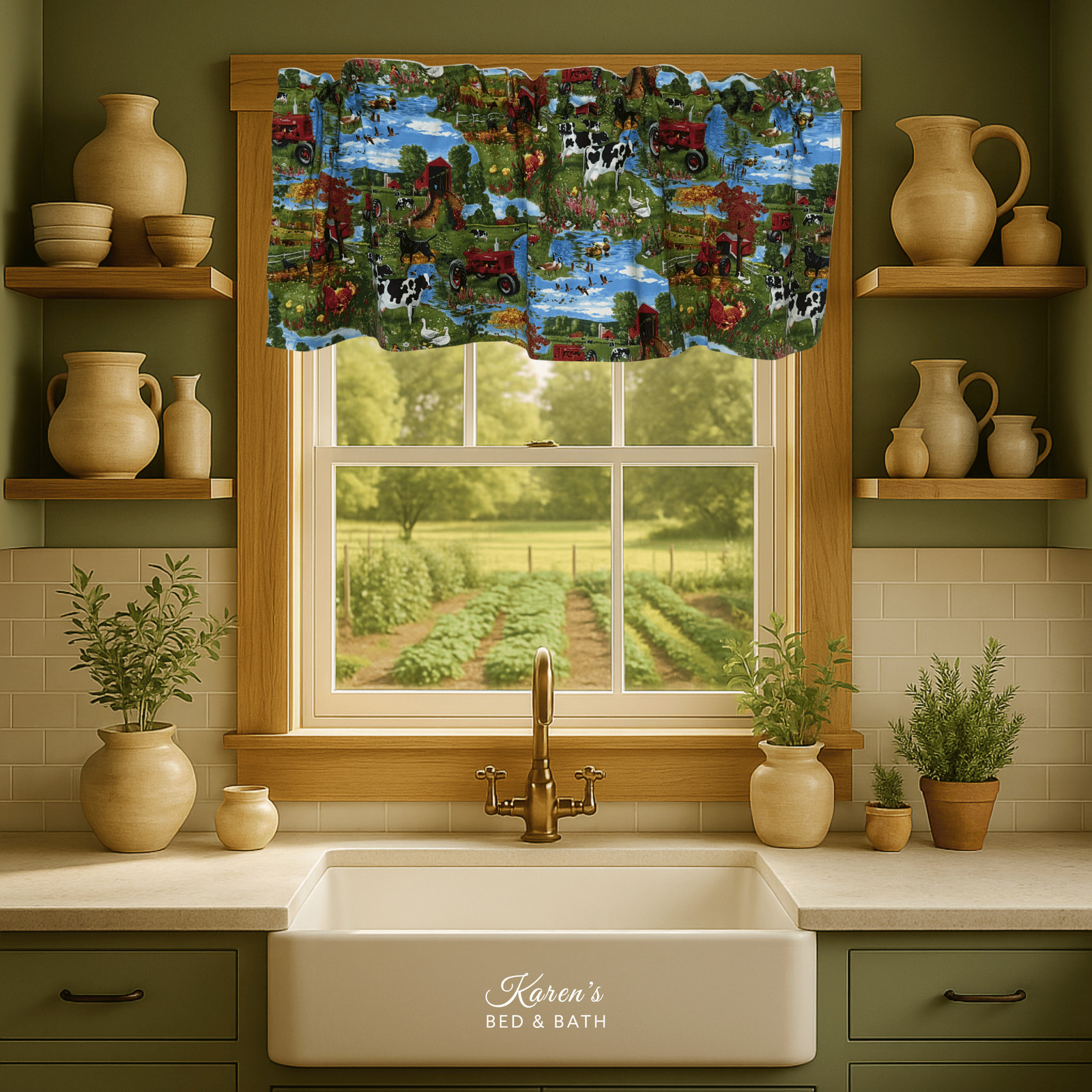 Farm Country Valance • Barnyard Cows Chickens Tractor • Rustic Kitchen Curtain