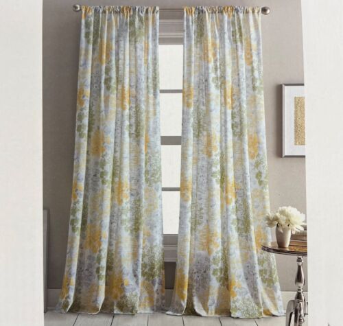 DKNY 50 x 96 Floral Fields Rod Pocket Cotton Curtains Yellow Green Gray Flowers