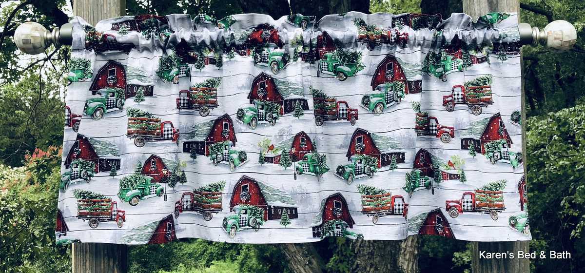 Vintage Truck Snow Red Barn Gray Christmas Winter Holiday Curtain Valance