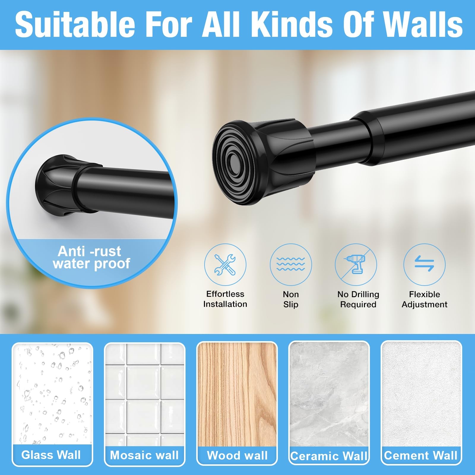 2 Pack Spring Tension Rods 28-43 Inches,5/8″ Diameter Black Spring Load Adjus…