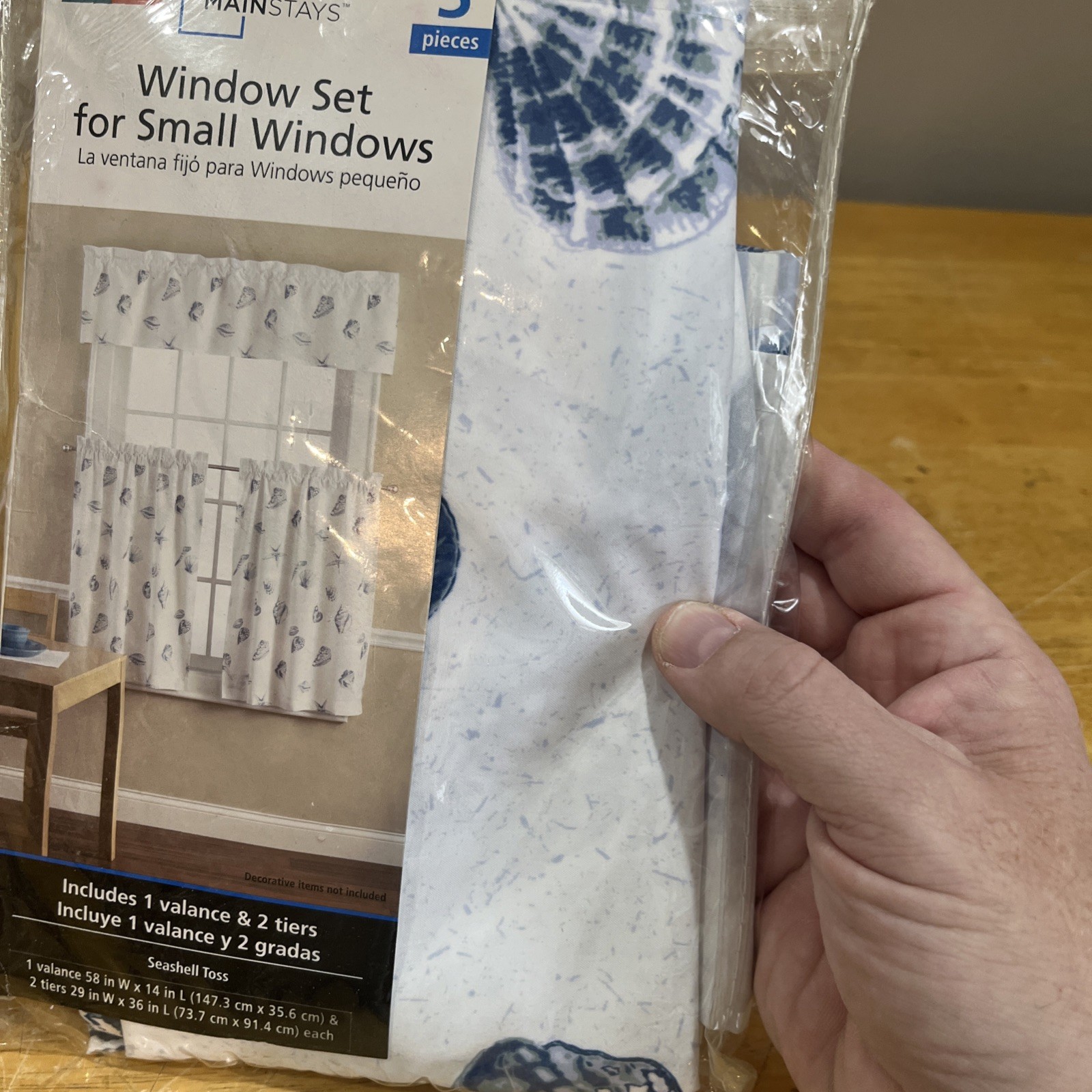 Vtg Mainstays Seashell Toss Window Set 3 Piece Blue Nautical Beach