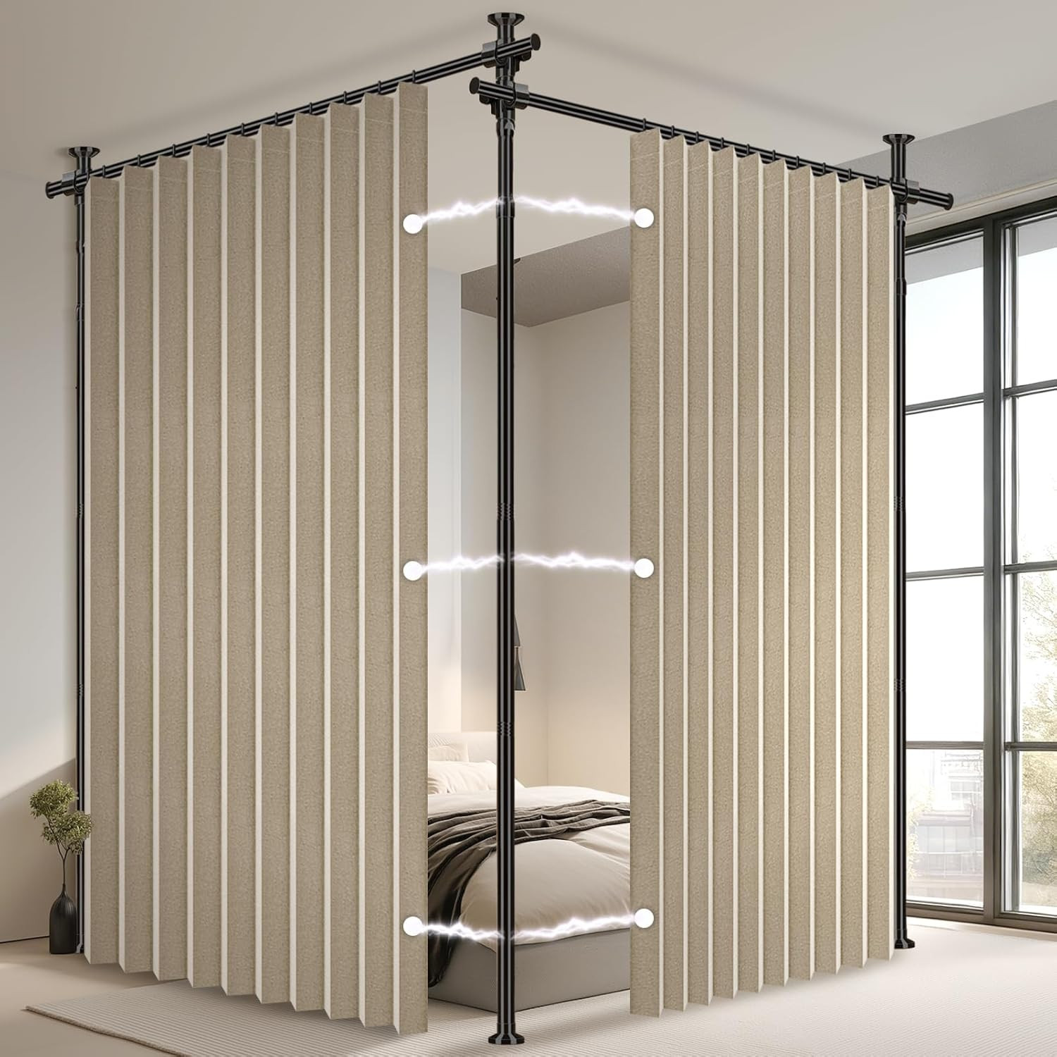 Beige 100% Blackout Room Divider Curtains Set with Adjustable Tension Rods