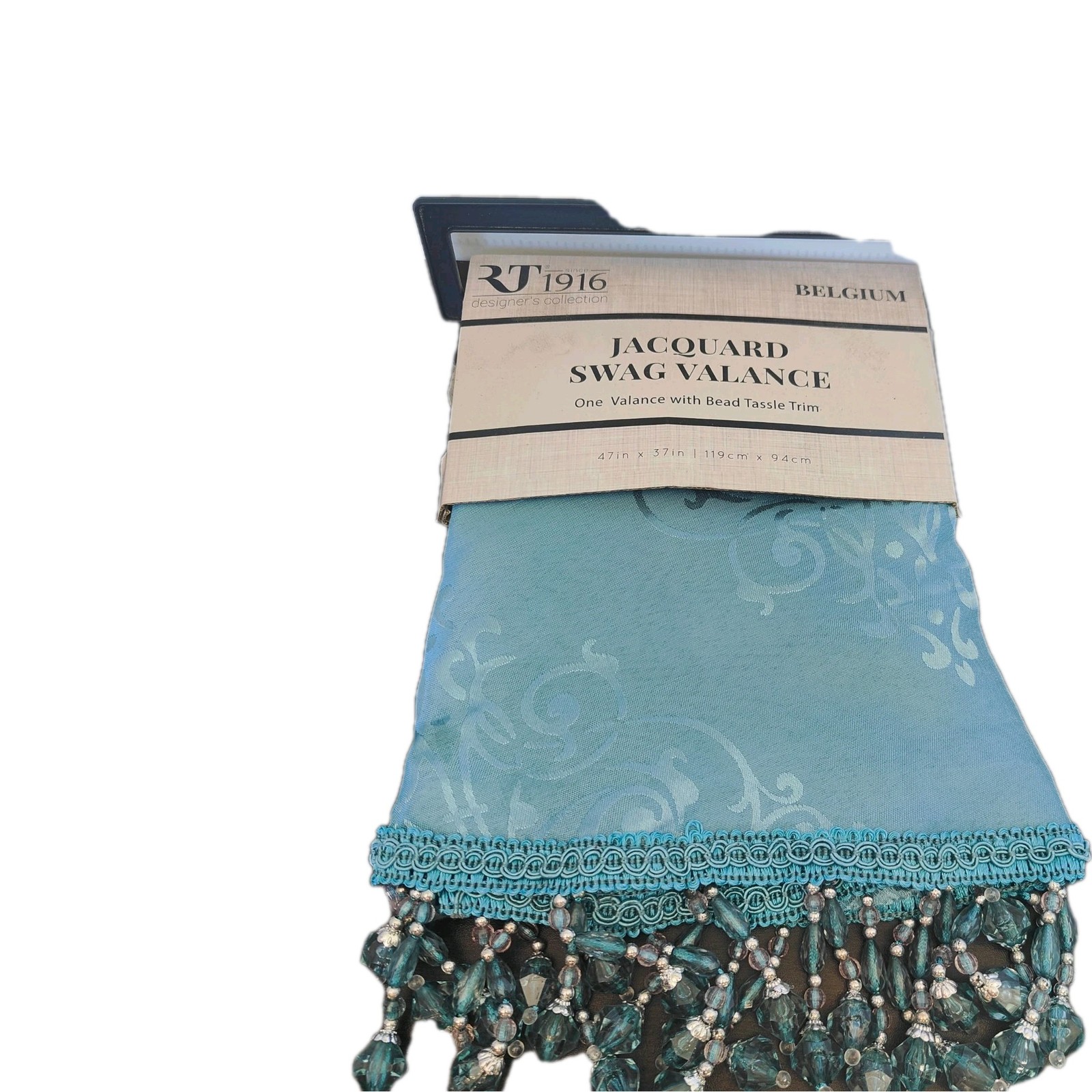Window Valance RT Designers Coll Belgium 47″X37″ Bead Tassle Trim Blue Jacquard
