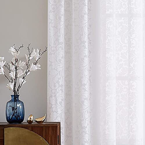 White Sheer Curtains for Windows 63″ Burnout Vintage 54″w x 63″l 2pcs Damask