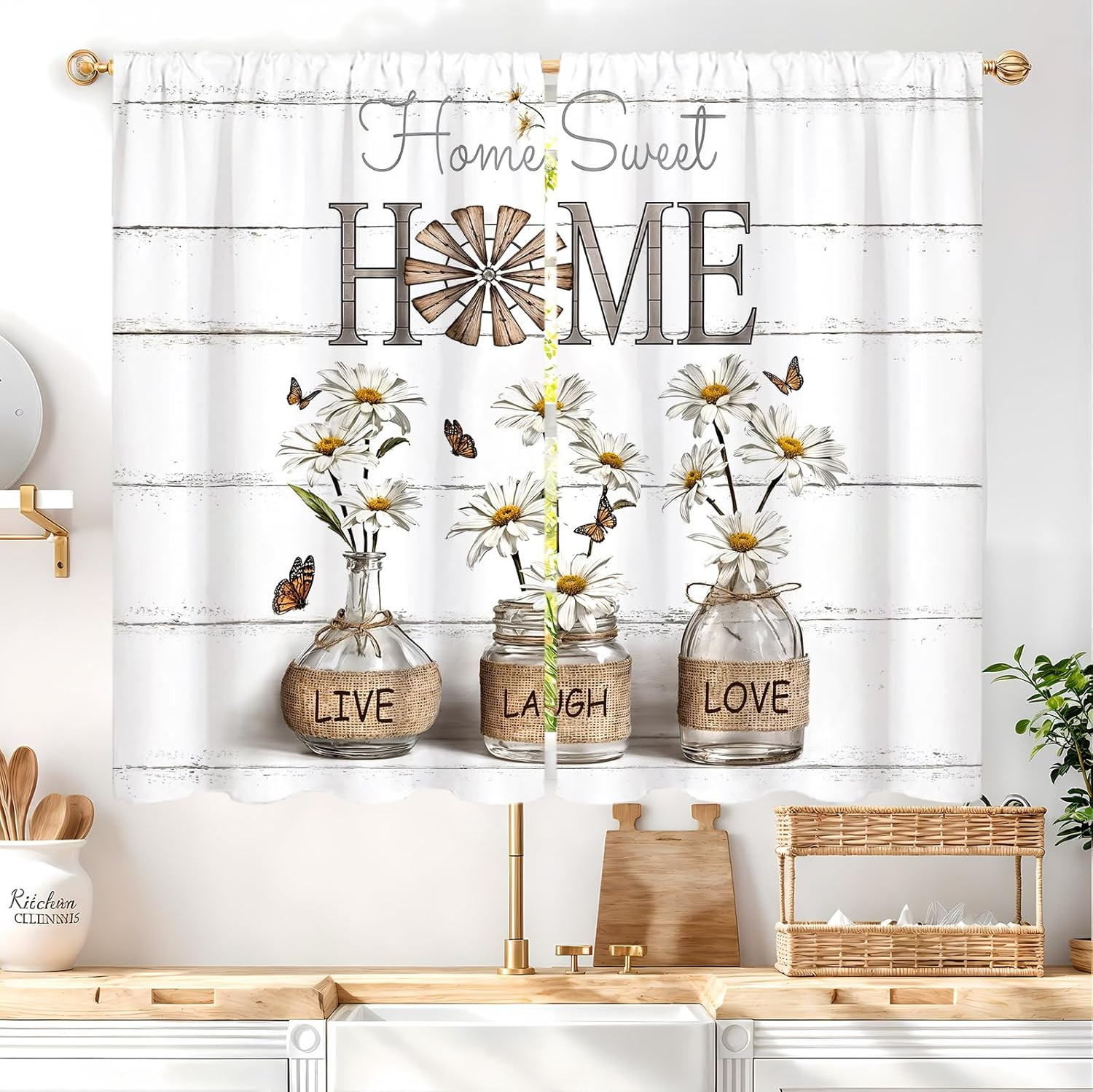 Farmhouse Daisy White Flower Kitchen Curtains Rod Pocket Rustic Country Retro Vi