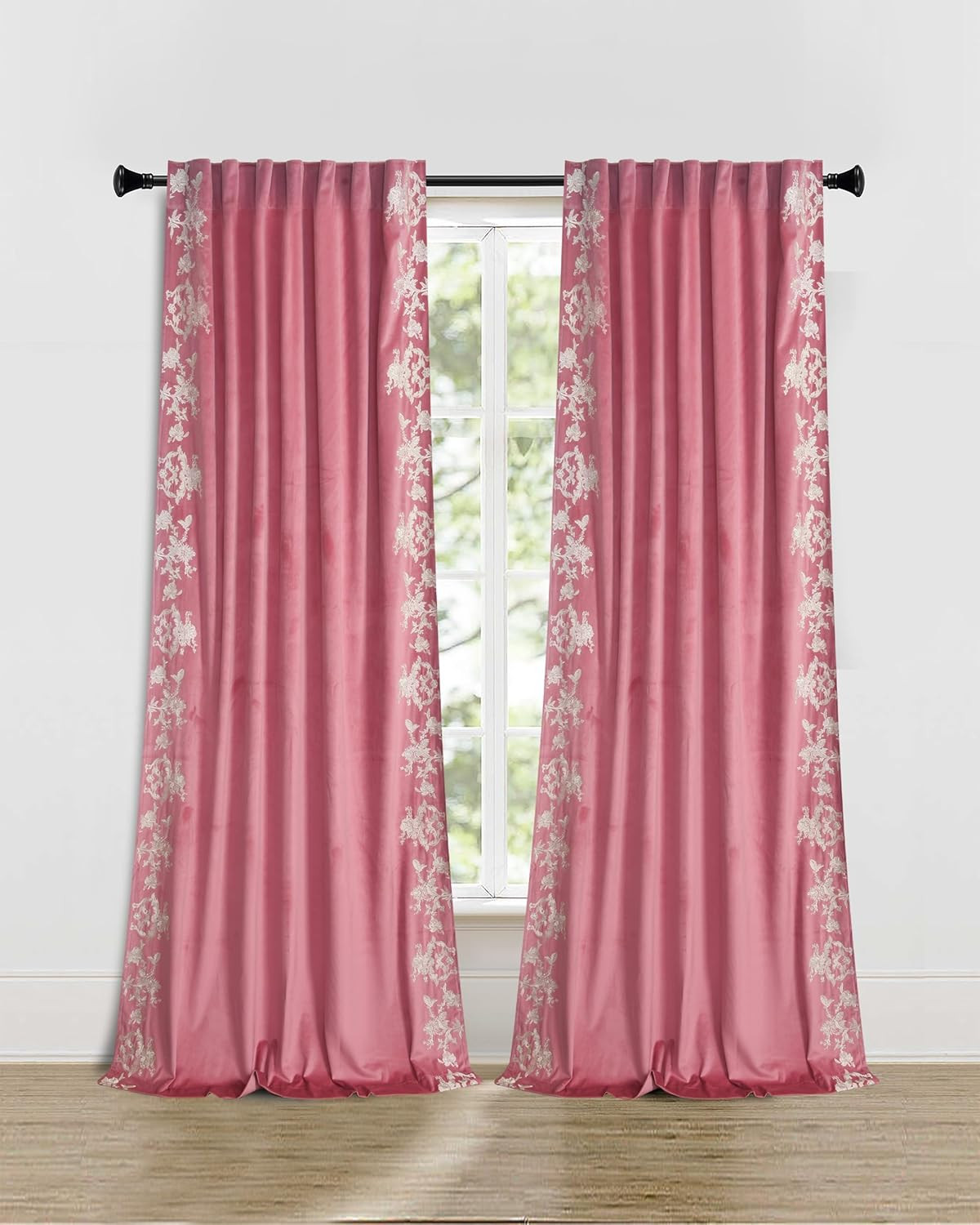 Luxury Velvet Pink Flower Embroidered Curtains, 2 Panels, 108″ Long