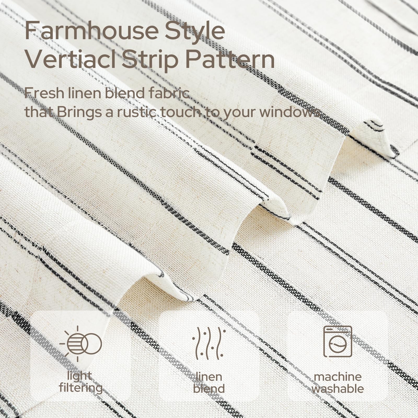 Striped Linen Kitchen Curtains 36 inches, Boho Farmhouse Light Filtering Natu…