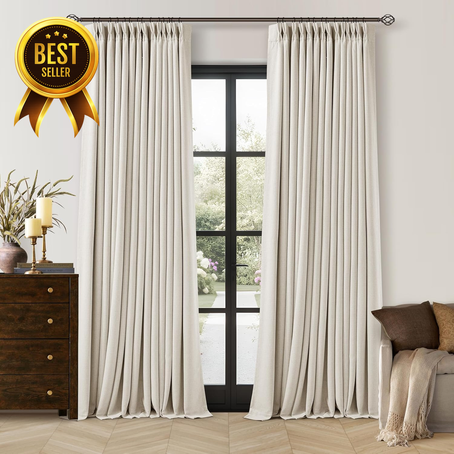 90 Inch Pinch Pleated Blackout Linen Curtains for Bedroom 2 Panels Memory Traine